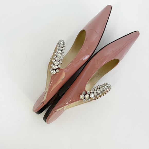 Jimmy Choo Ballet Pink Patent Leather Crystal Bing Pointed Toe Flat Mules 37.5 - Picture 5 of 11